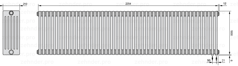 Схема (чертеж) Радиатор Zehnder Charleston 6100/49 №5510 Белый глянцевый RAL 9016